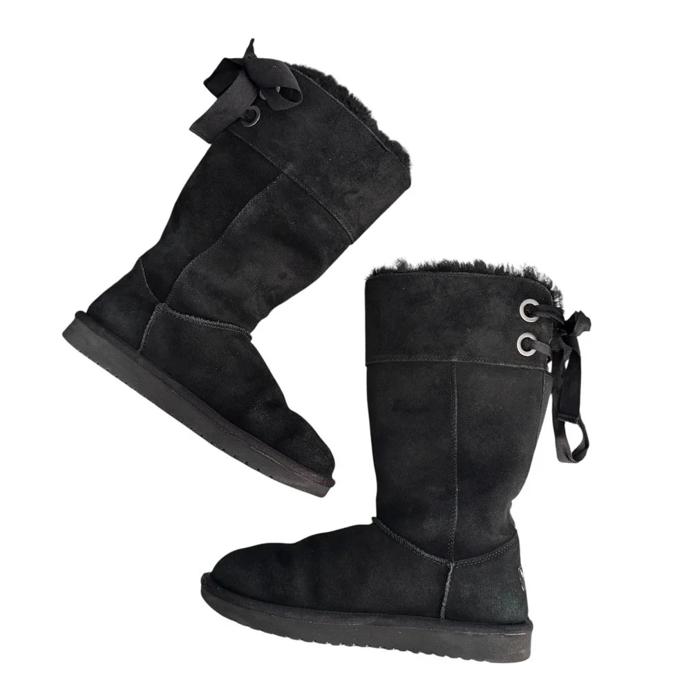 Koolaburra By UGG Boots Womens Size 8 Black Suede Mid Calf Faux Fur Lined Bow